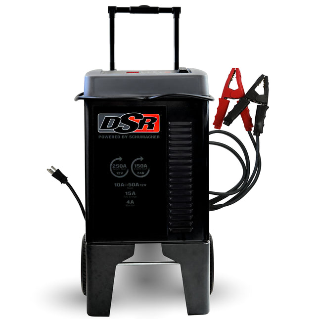 Schumacher Electric Wheeled Automatic 15A Car Battery Charger and 250A Engine Starter, DSR Professional Grade, Maintainer, 50A Boost, For 12V/24V Automotive and Marine Batteries, DSR123